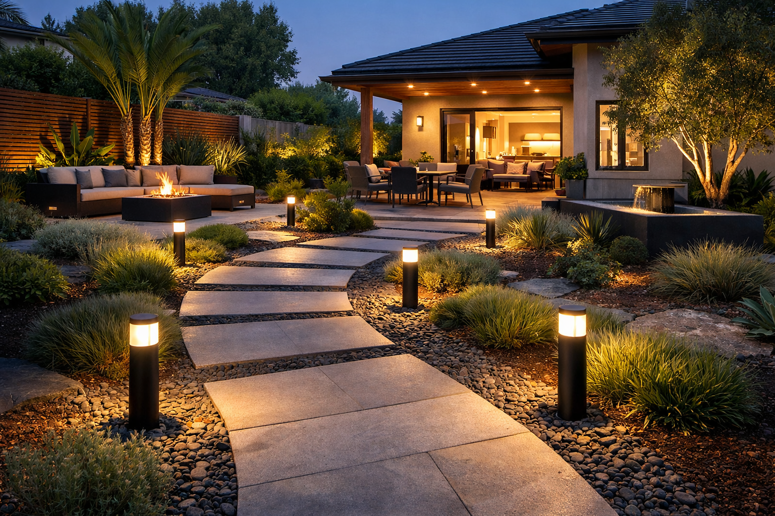 Modern backyard with pathway lighting