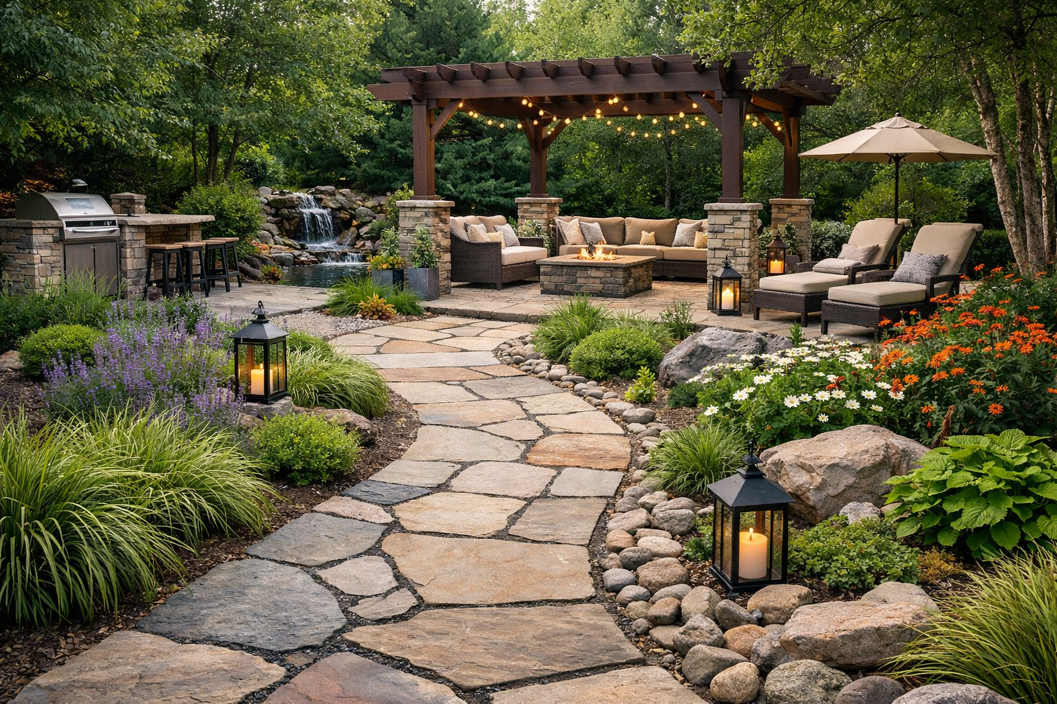 Outdoor living space with stone walkway