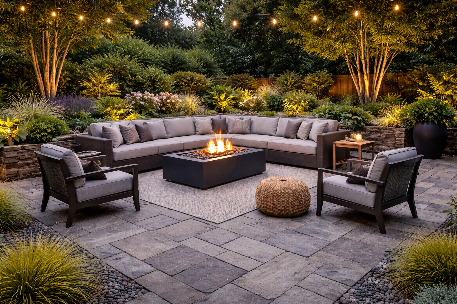 Stone patio with outdoor lounge seating