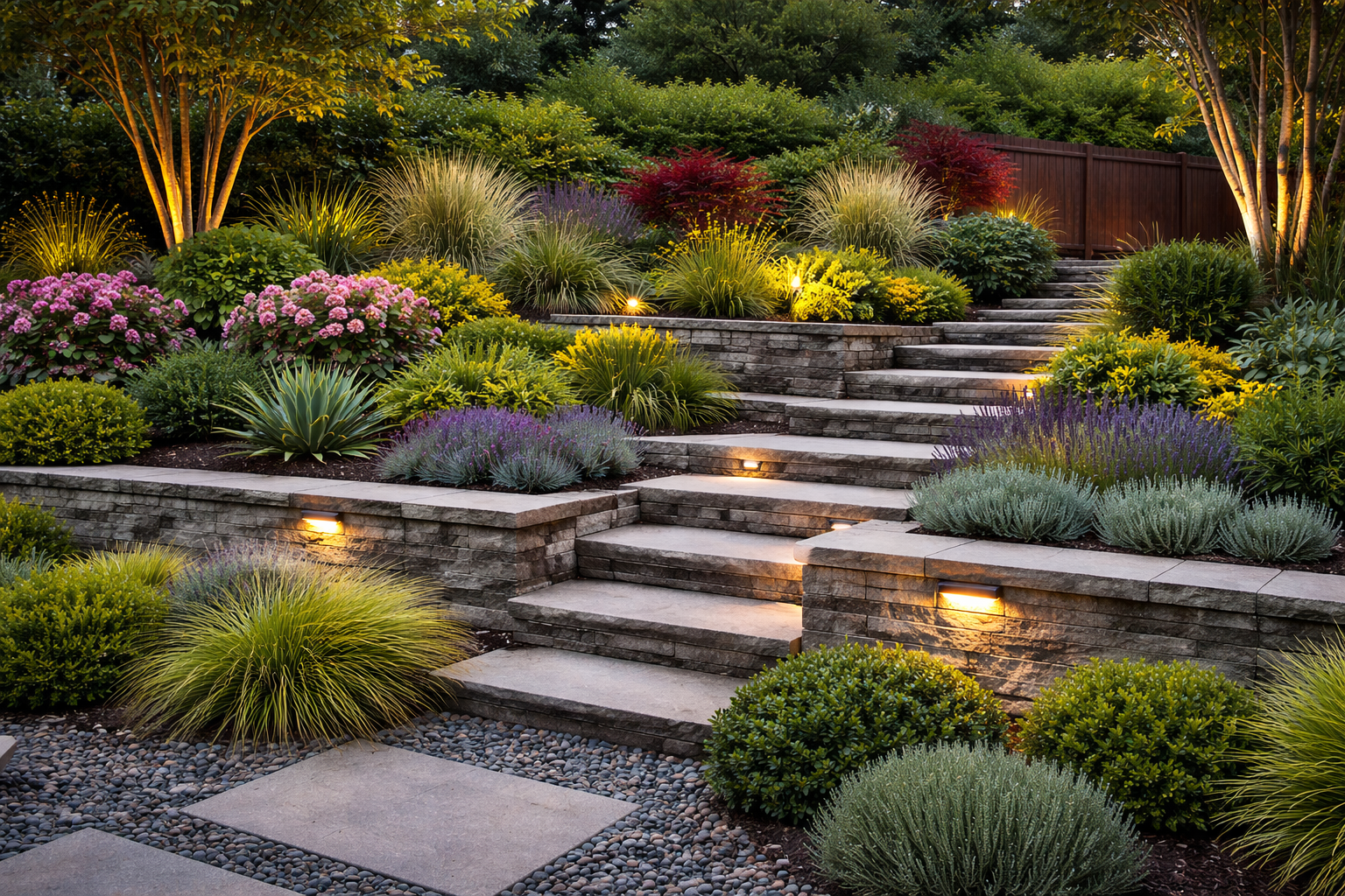 Retaining wall and layered planting design